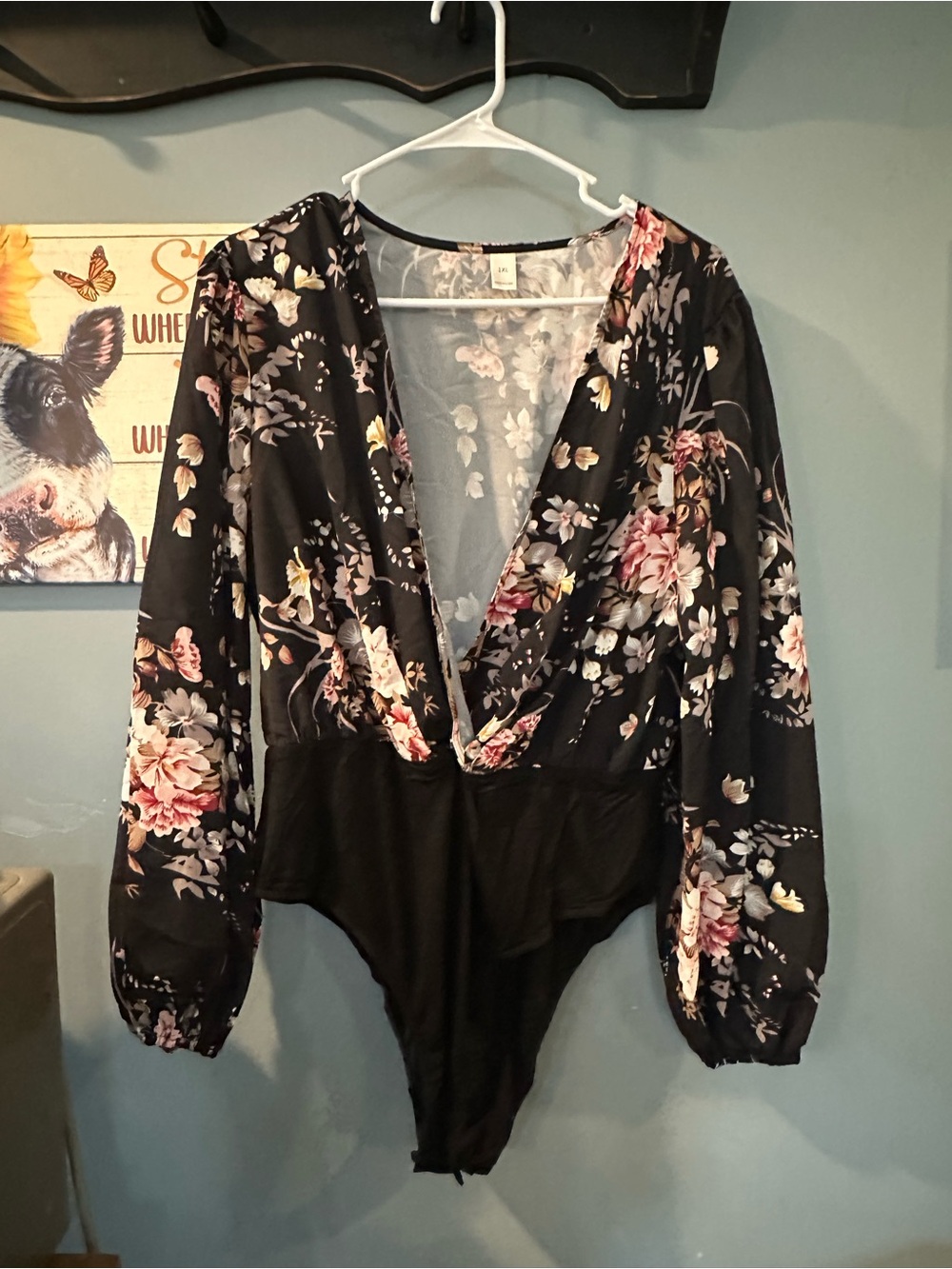 Floral Black Wrap-Front Long Sleeve Bodysuit